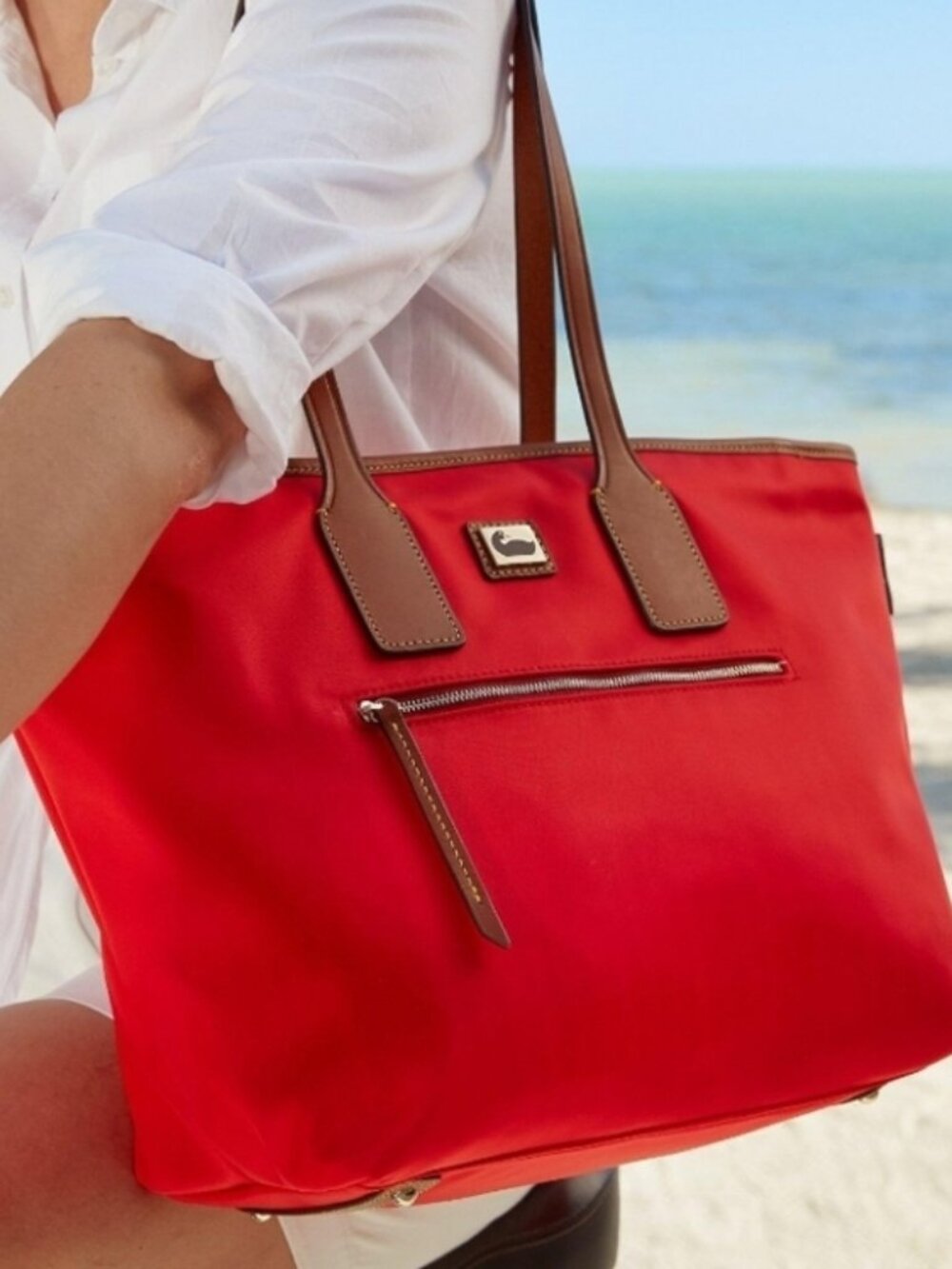 DOONEY & BOURKE Red Wayfarer Nylon Zip Tote /Shoulder Bag Brown Leather Trim EUC